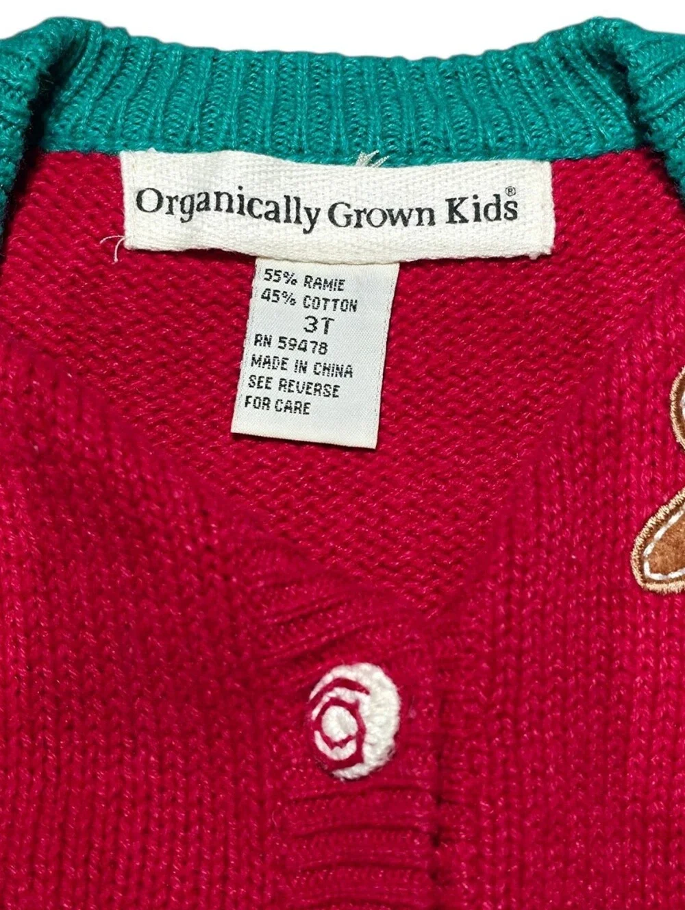Vintage Organically Grown Kids Ugly Christmas Sweater Cardigan 3T Gingerbread Ho